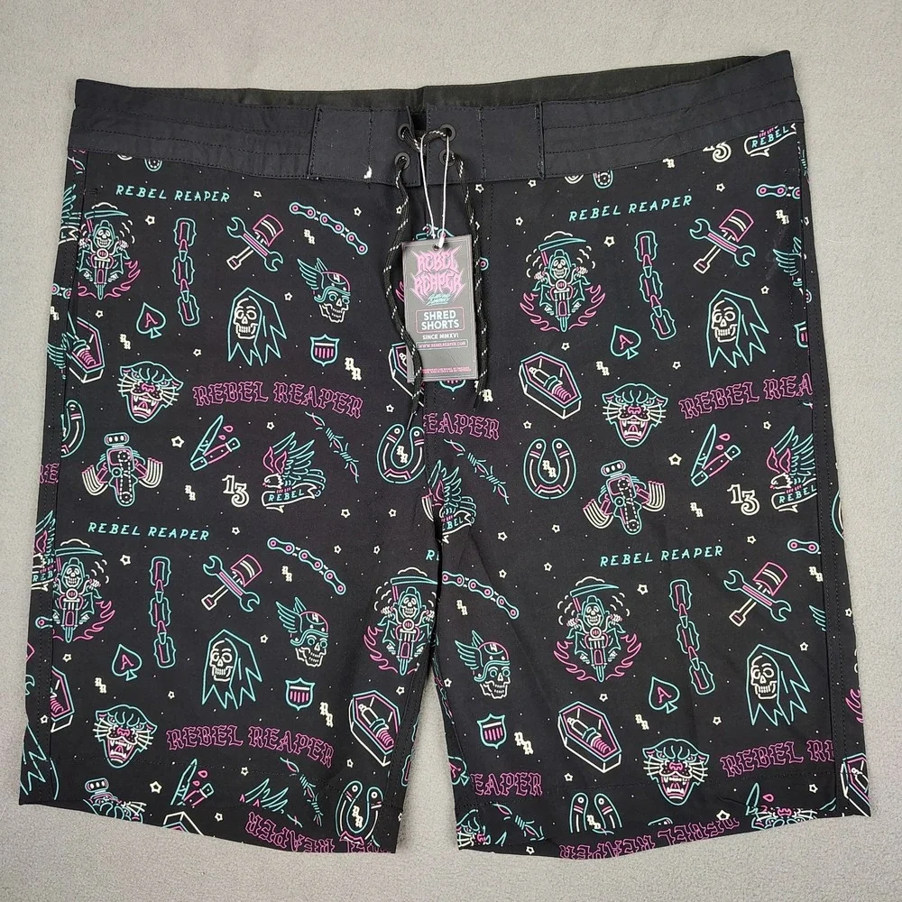 Rebel Reaper Boardshorts Swim Trunks Men 3XL Black Shorts Tattoo Print Biker NEW